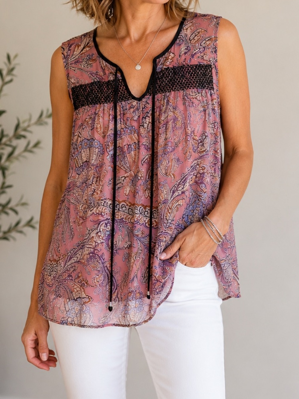 Daniel Rainn Sleeveless Sheer Paisley Tunic Top Size Large